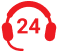 A red and black logo with headphones on it