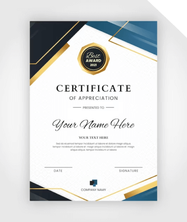 A certificate of appreciation with gold accents.