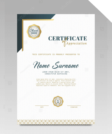 A certificate of appreciation with gold accents.