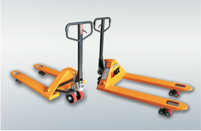 A pair of hand trucks and a pallet jack.