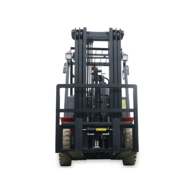 A fork lift truck with two forks on the back of it.