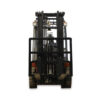 A fork lift truck with its back end lifted.