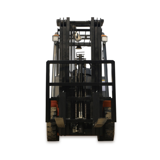 A fork lift truck with its back end lifted.