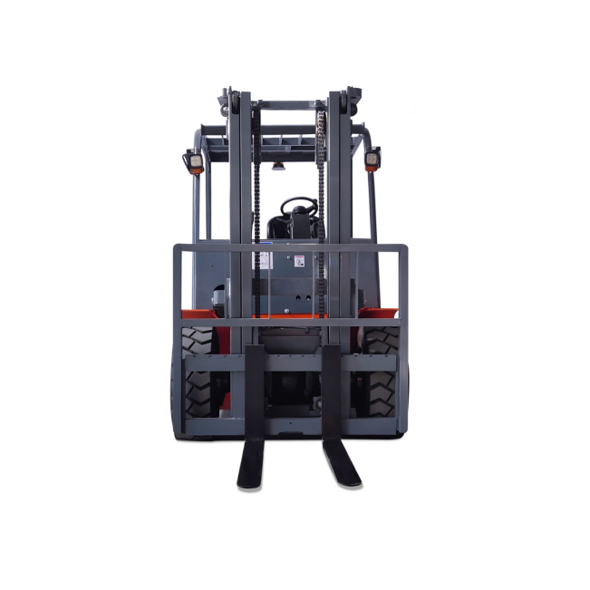 A fork lift truck with two forks on the back of it.