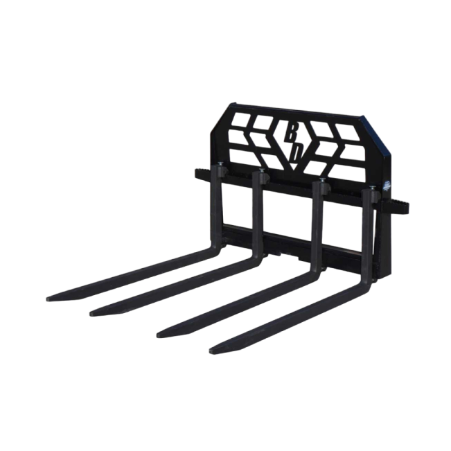 A black fork lift with four forks in front of a black background.