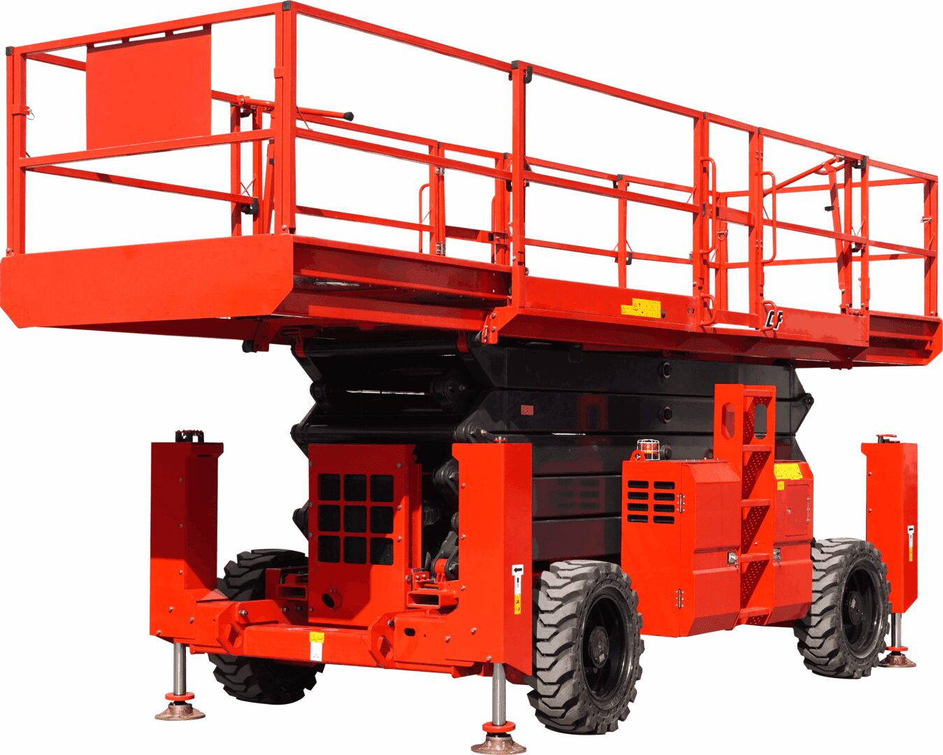 Red scissor lift platform on wheels.