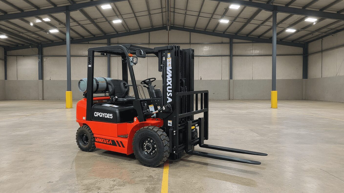 Red forklift in a warehouse setting.