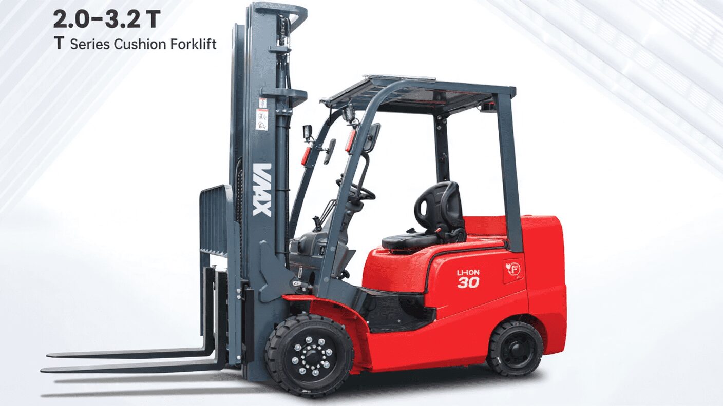 Red forklift with cushion tires and lift.