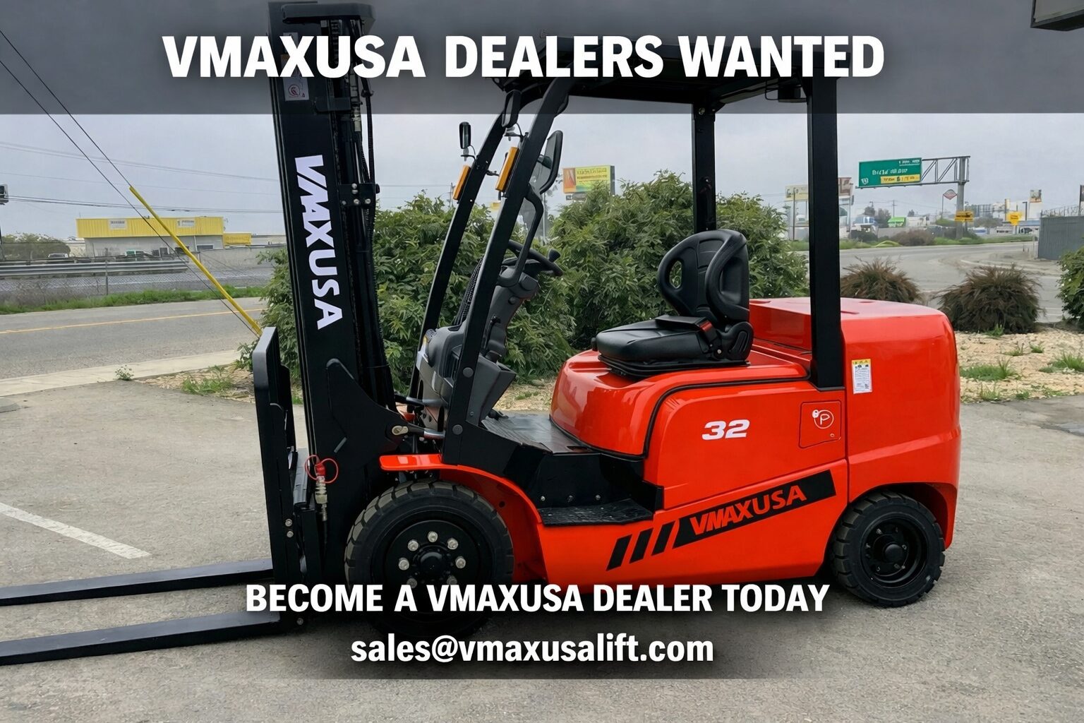 Red forklift with VMAXUSA branding displayed.